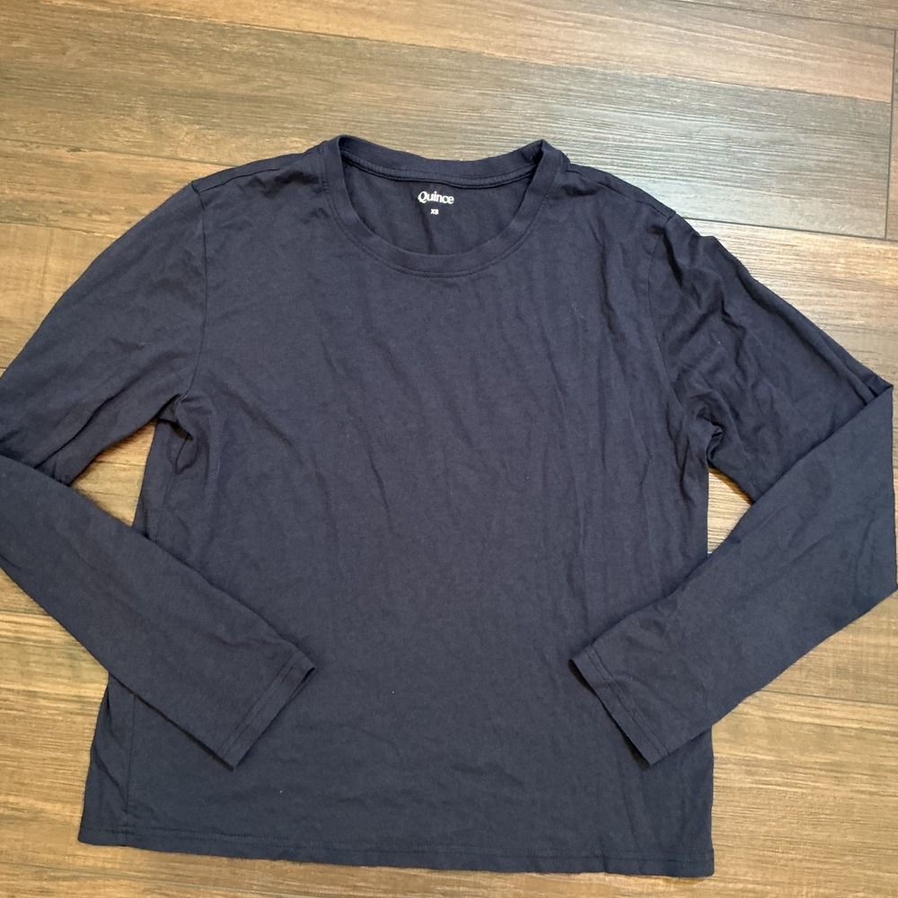 Quince Essential Cotton Long Sleeve Tee Navy Blue Crew Neck XS Minimalist Basic